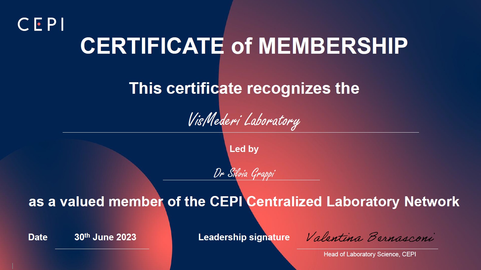 VisMederi riceve il prestigioso certificato da The Coalition for Epidemic Preparedness Innovations (CEPI)